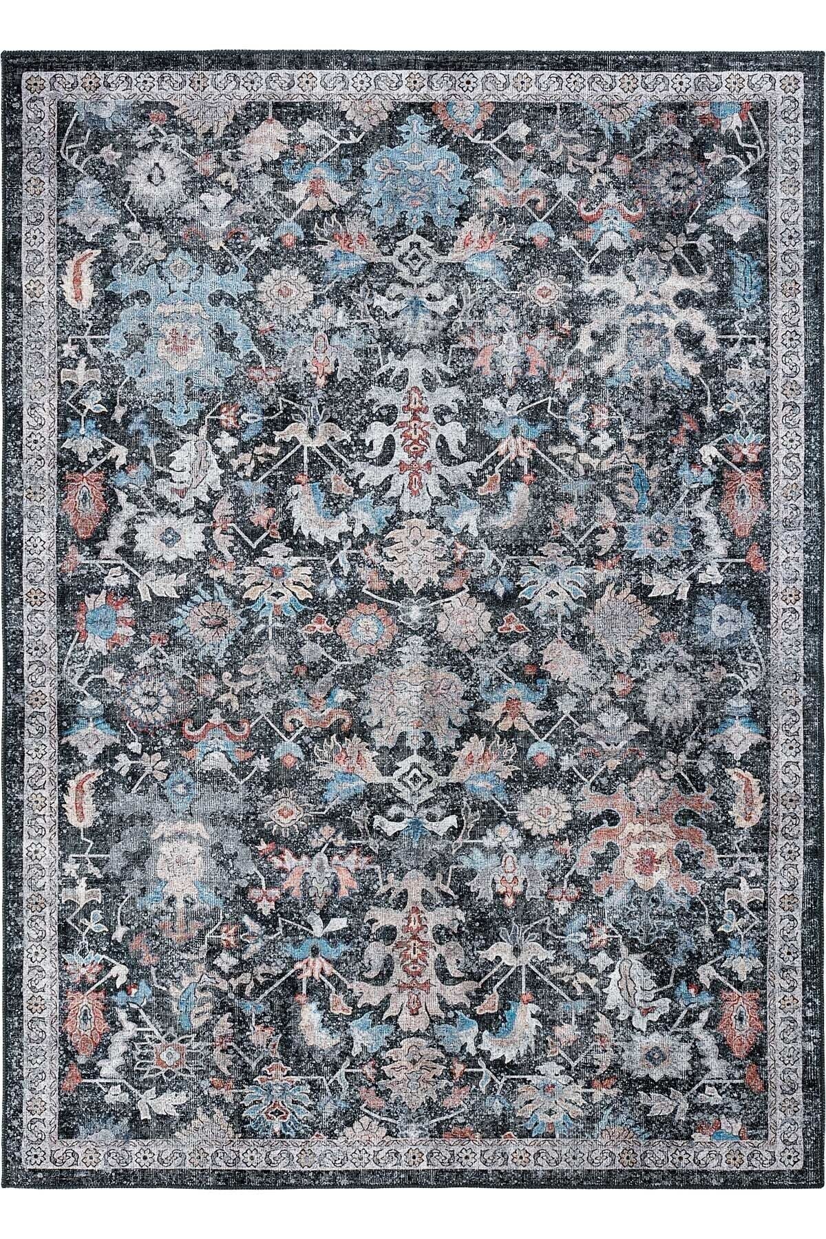 Anthracite Carpet Antique Patterned Vintage Chenille Carpet Authentic Floral Washable Living Room Carpet