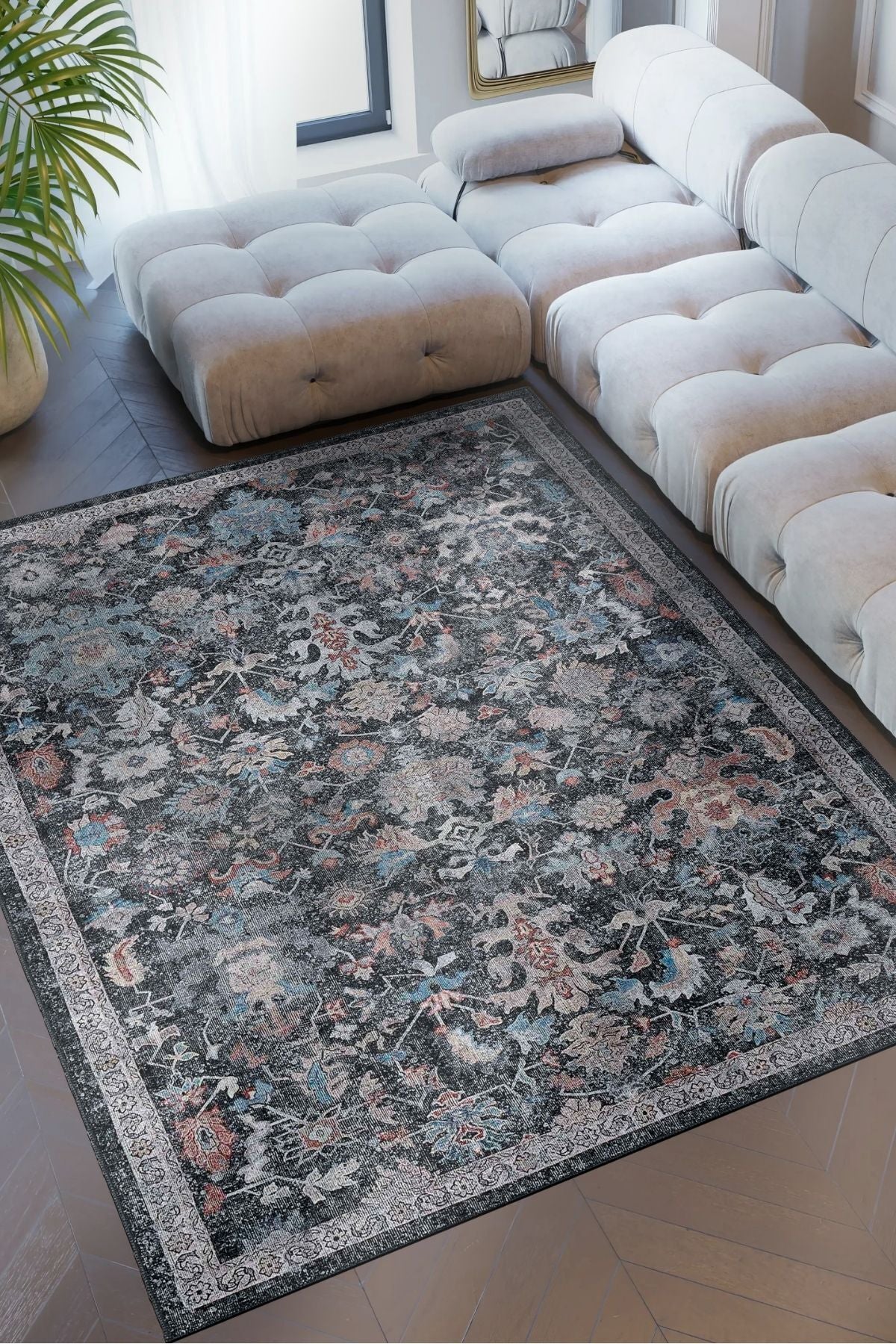 Anthracite Carpet Antique Patterned Vintage Chenille Carpet Authentic Floral Washable Living Room Carpet