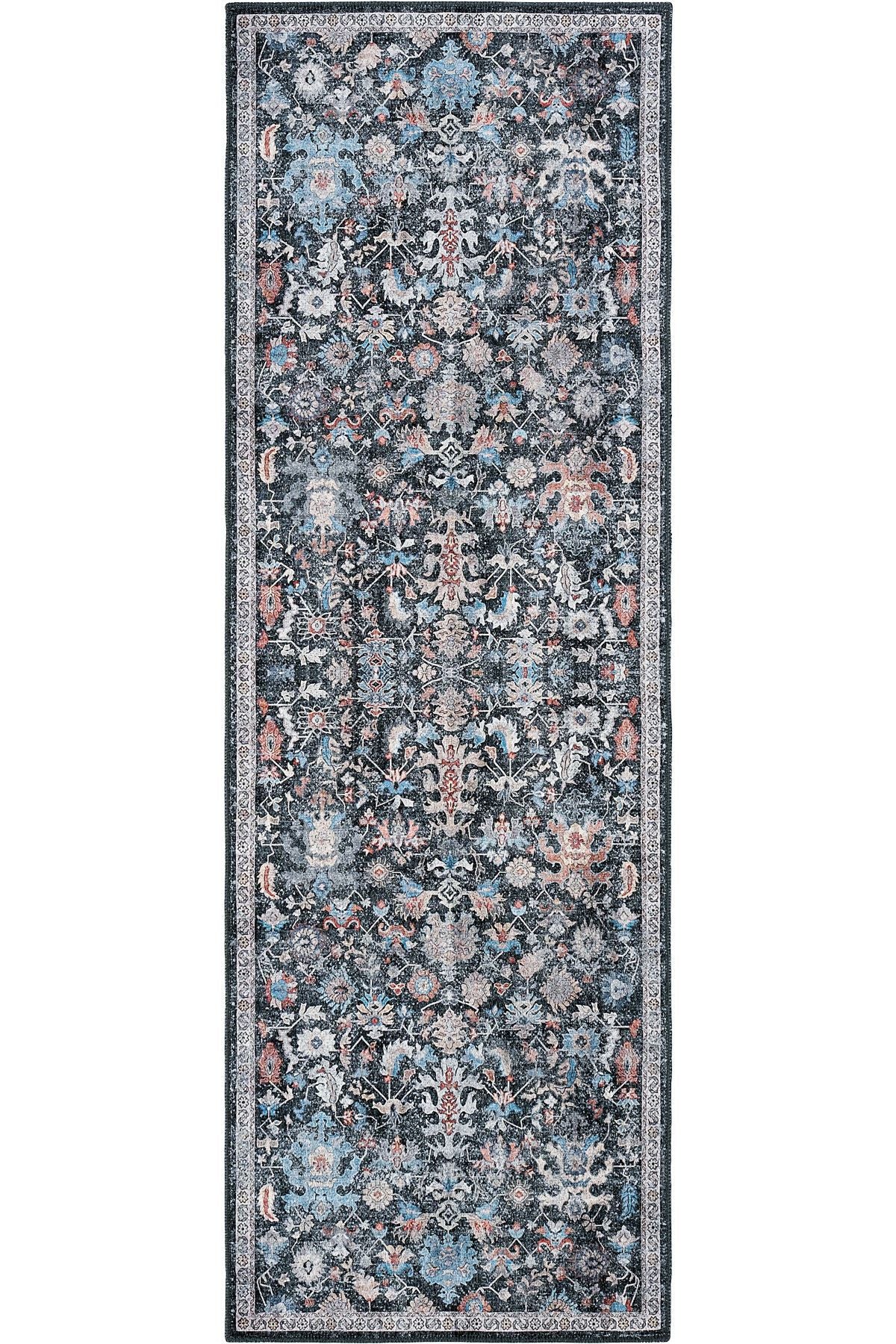 Anthracite Carpet Antique Patterned Vintage Chenille Carpet Authentic Floral Washable Living Room Carpet