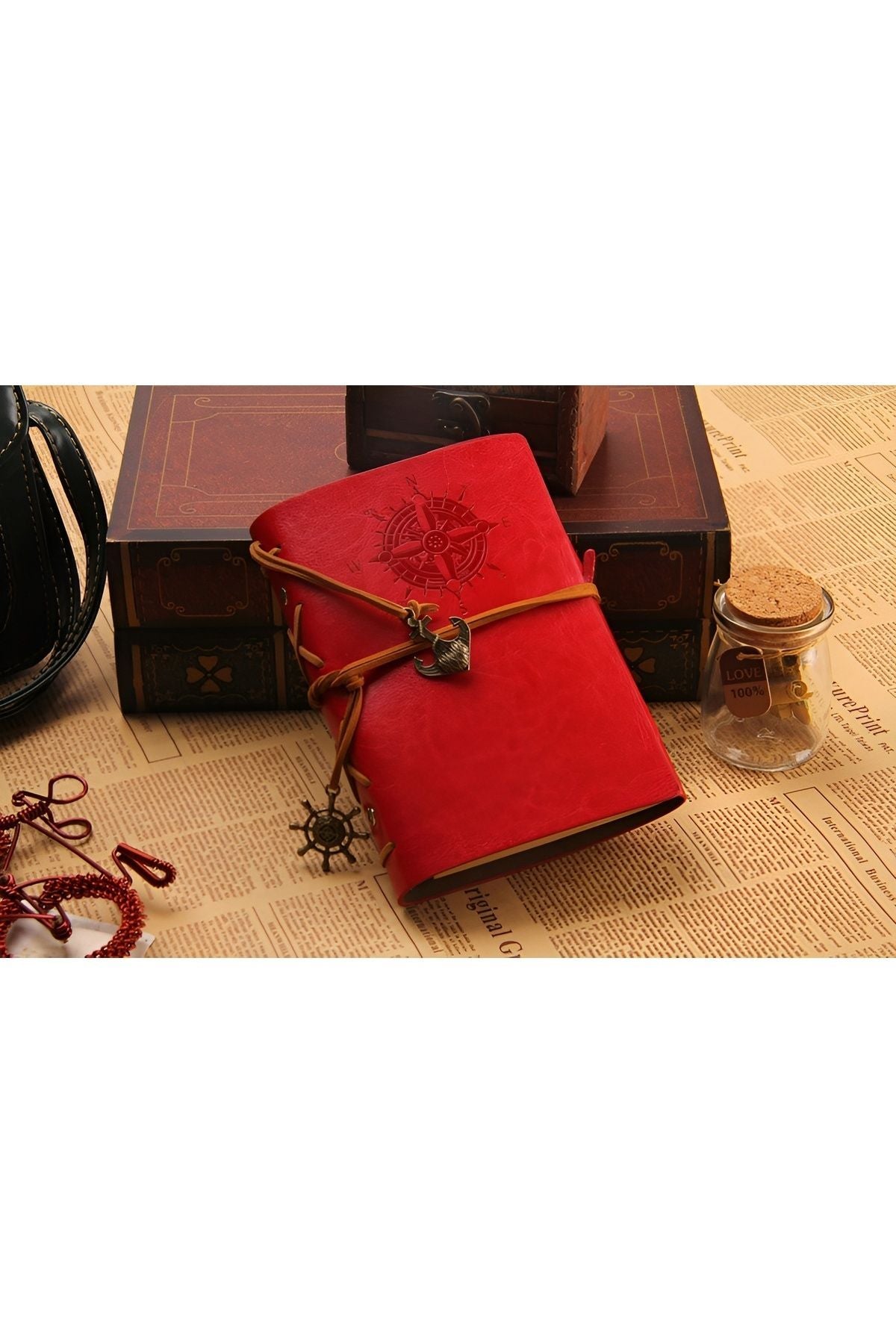 Red Vintage Sailor Themed Daily Memory Souvenir Travel Agenda Notebook with Leather Cover Antique Retro Gift