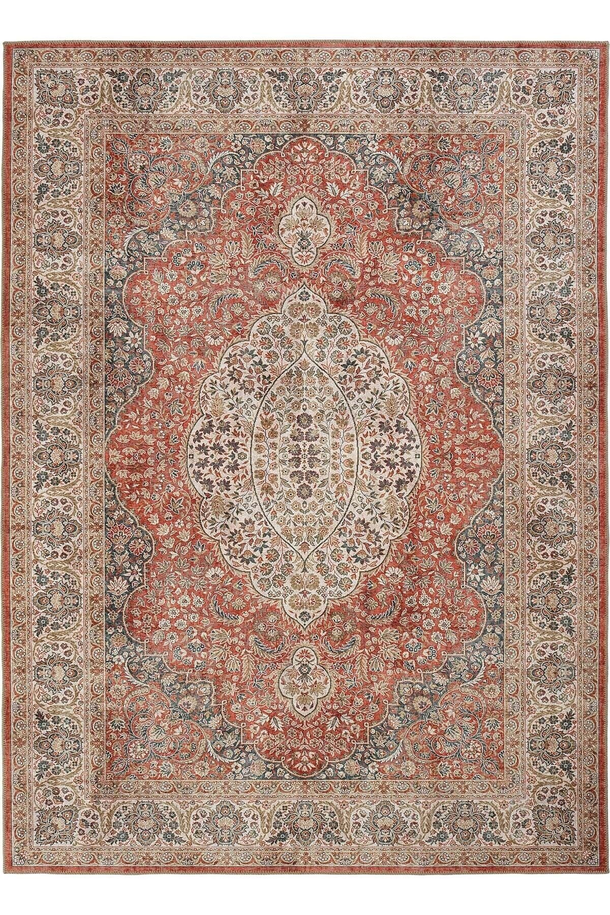 Red Colour Ethnic Patterned Authentic Chenille Carpet Washable Antique Vintage Centered Living Room Carpet