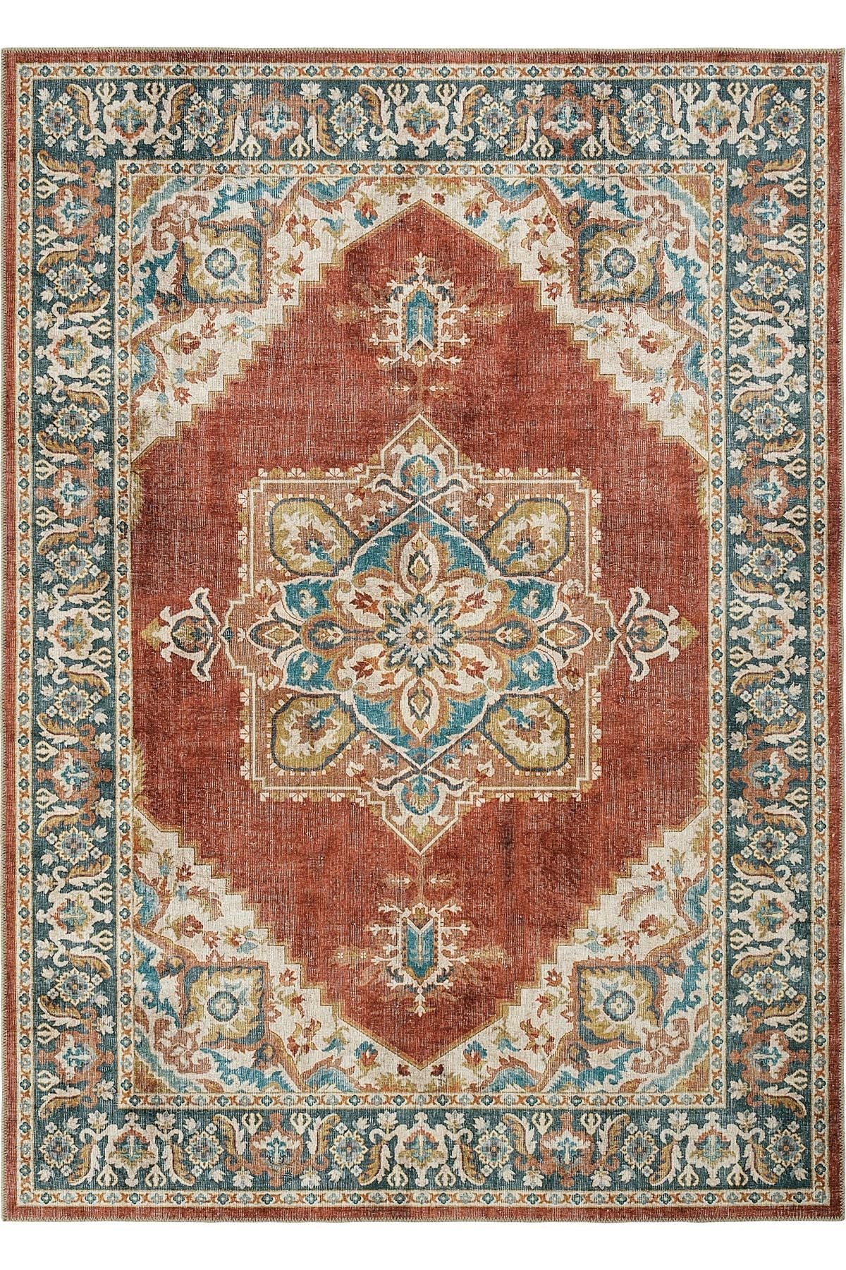 Beige Ethnic Patterned Authentic Woven Chenille Carpet Washable Antique Vintage Centered Living Room Carpet