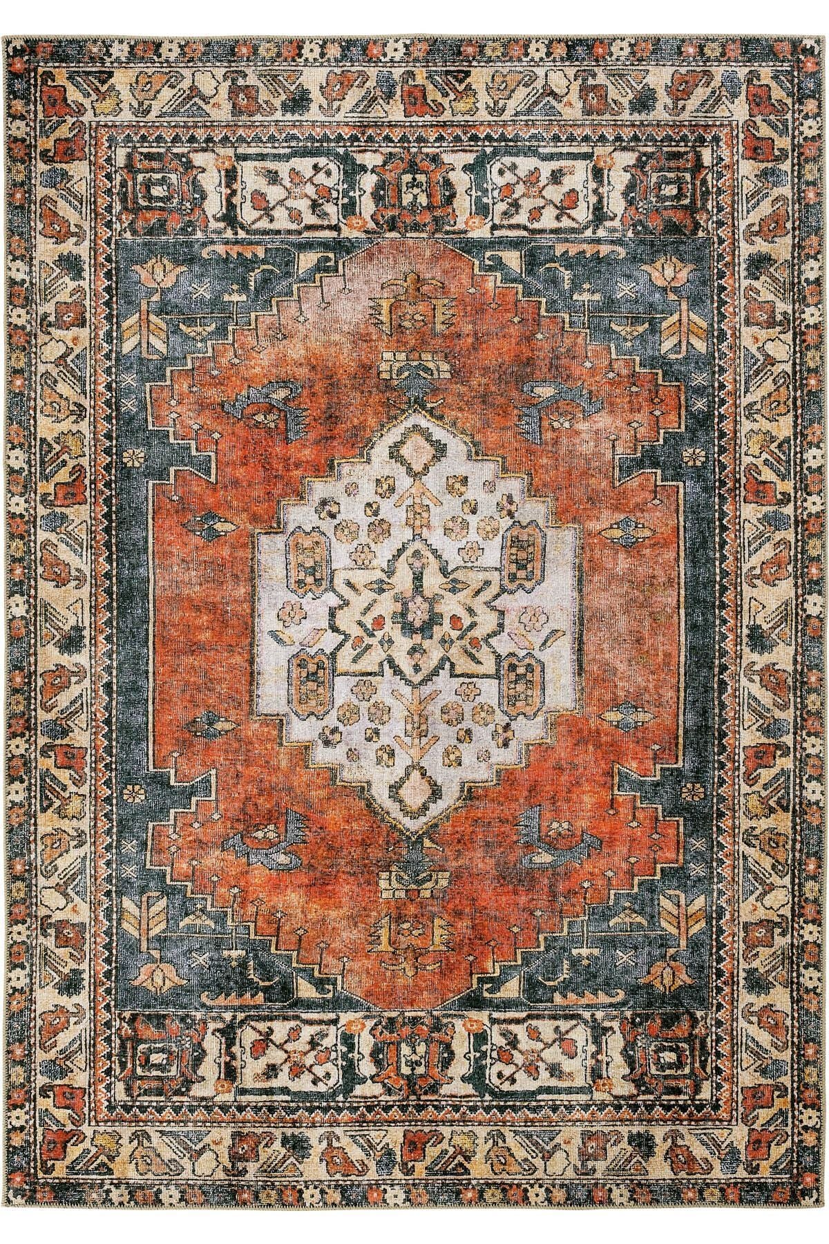 Multi Colored Red Antique Vintage Carpet Floor Mat Digital Printing Carpet Machine Washable Living Room Rug