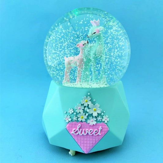 Mother And Baby Deer Large Sized Snow Globe with Light and Musical Spray