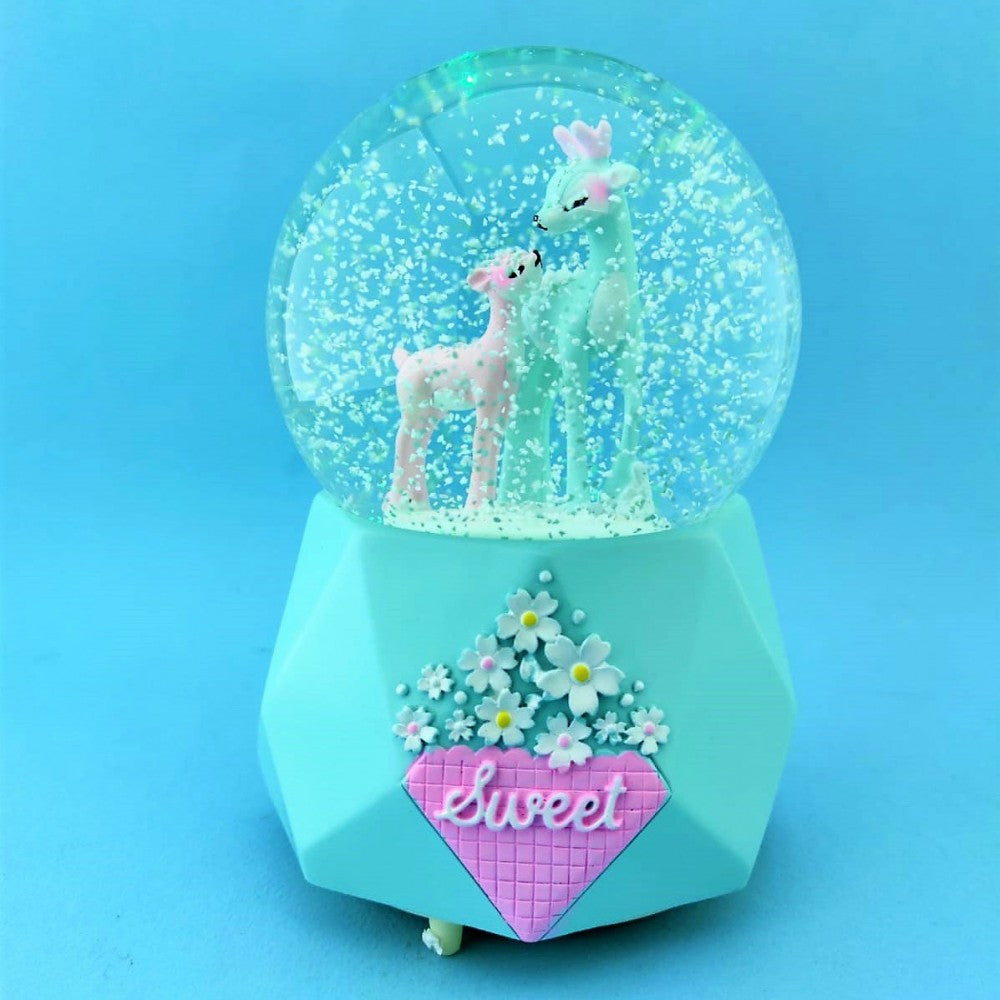 Mother And Baby Deer Large Sized Snow Globe with Light and Musical Spray