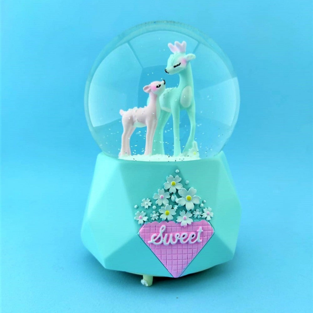 Mother And Baby Deer Large Sized Snow Globe with Light and Musical Spray