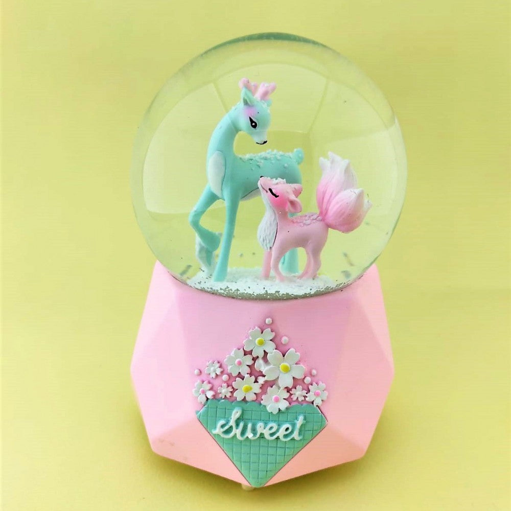 Cute Mother And Baby Deer Large Size Snow Globe With Light &amp; Music Spray
