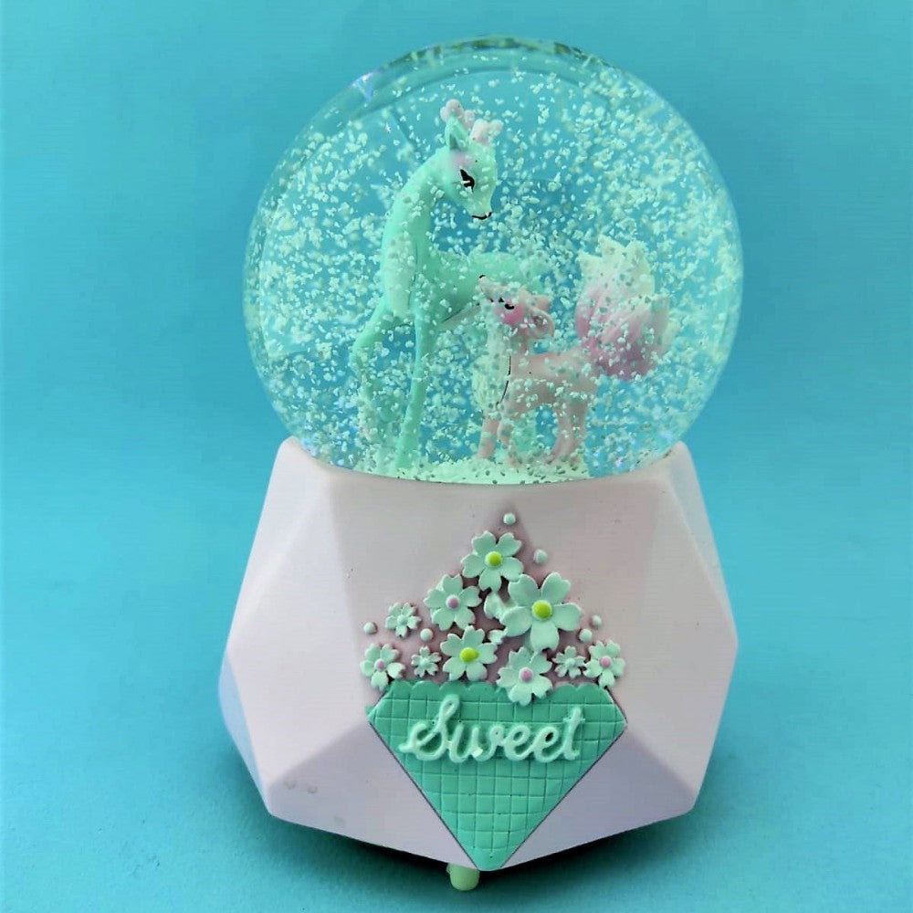 Cute Mother And Baby Deer Large Size Snow Globe With Light &amp; Music Spray