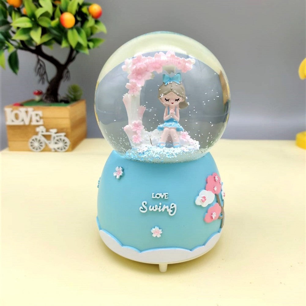 Cute Girl On Love Swing Blue Light Musical Spray Big Size Snow Globe