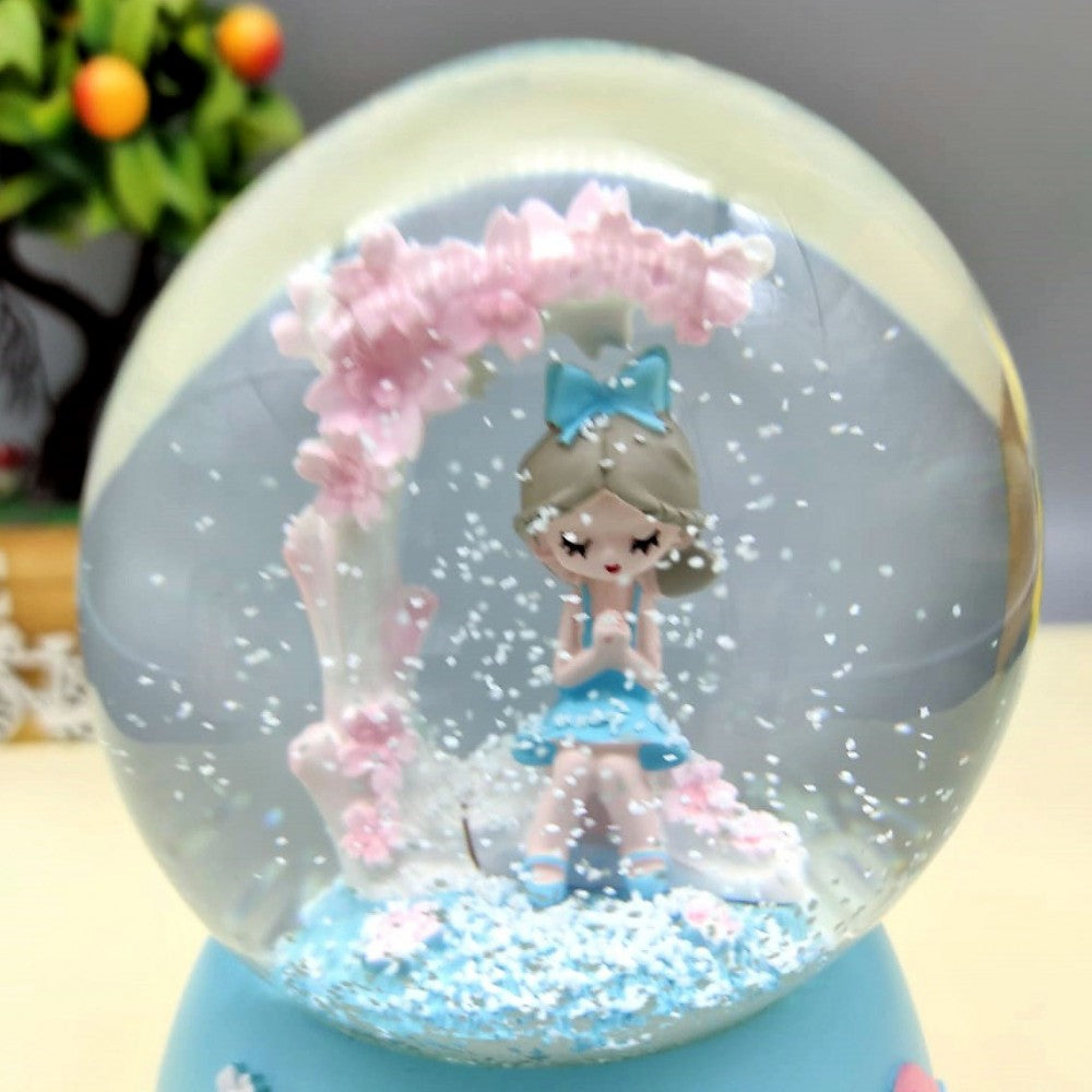 Cute Girl On Love Swing Blue Light Musical Spray Big Size Snow Globe