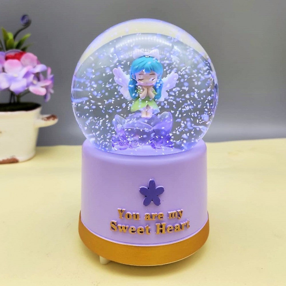 Dreaming Girl With Angel Wings Large Size Snow Globe With Lights Music And Spray  Purple Color
