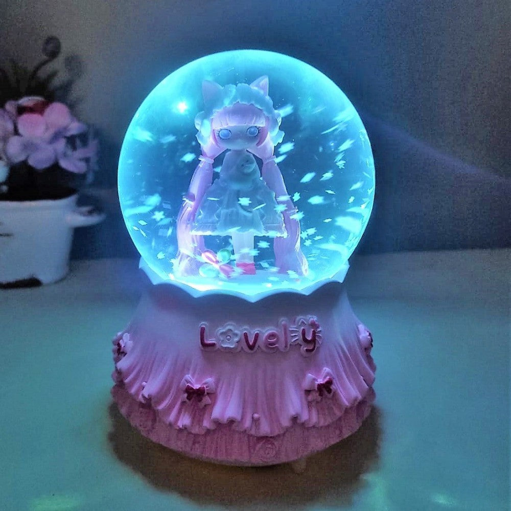 Cute Girl Holding Cat Large Size Snow Globe With Lights And Music And Spray