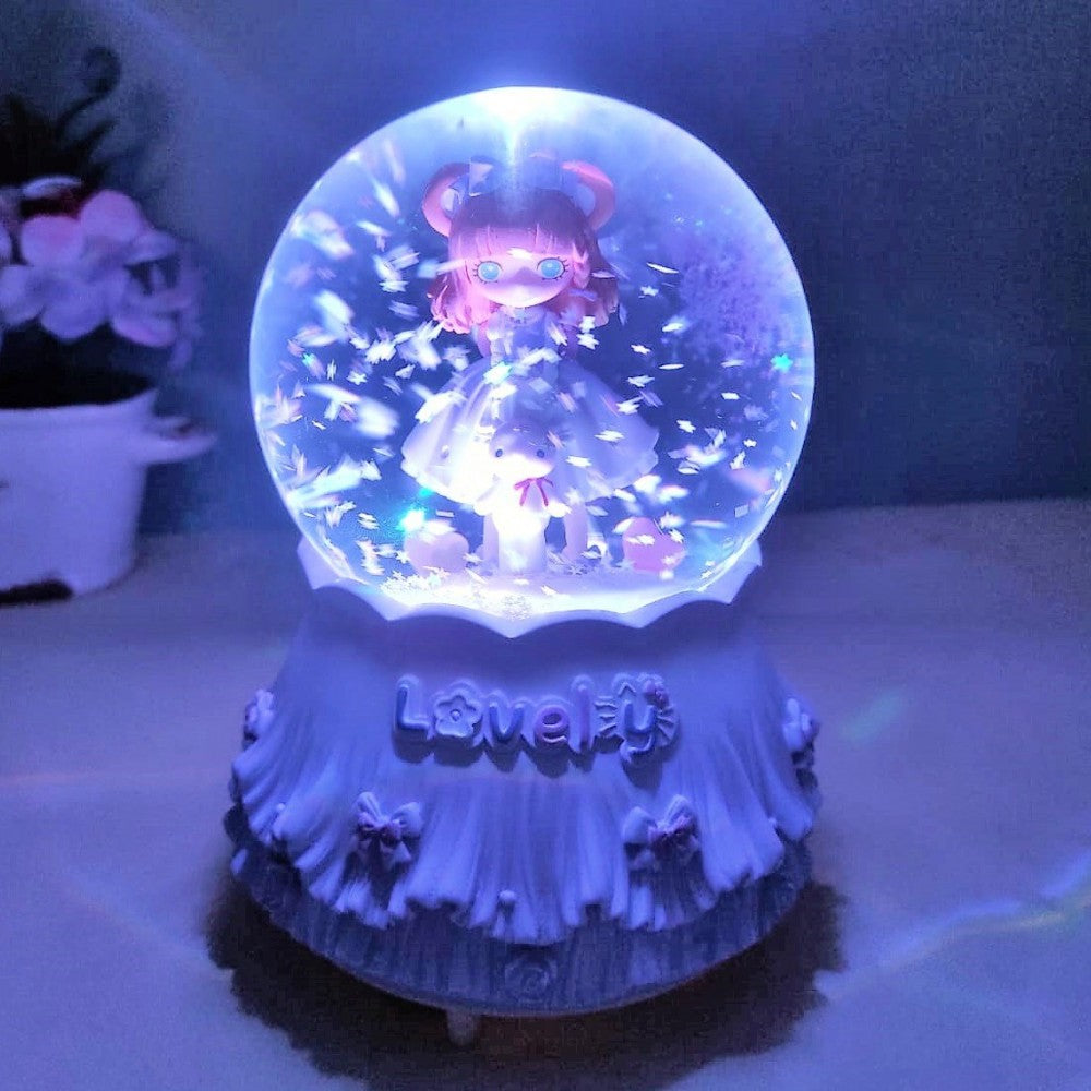 Cute Girl Holding Rabbit Large Size Snow Globe With Lights And Music And Spray