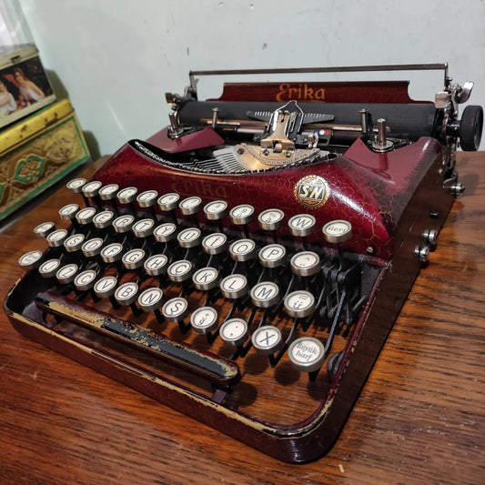 1930 Germany  Erika brand 5 model portable typewriter , Unique Orginal Red Color Typewriter