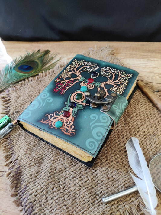 Mother of earth with seven stone handmade leather notebook journal Color full book cover with old edges paper journal book of shadows