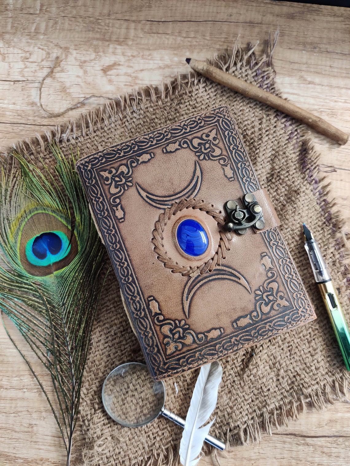 book of shadows - Triple moon third eye stone Leather journal - Blank spell book of shadows, wiccan, book of lovers gifts, gift for him her