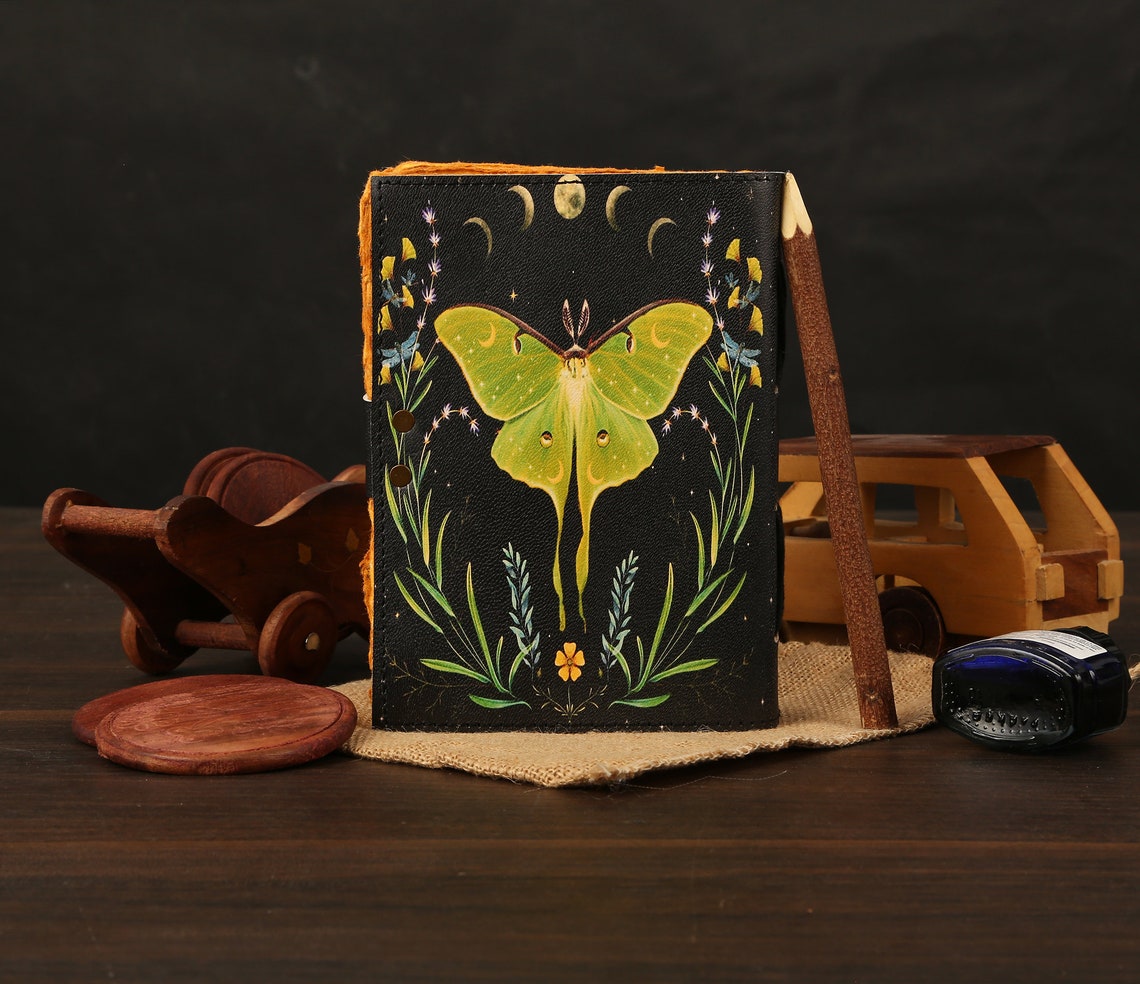 Blank Spell Book of Shadows Luna Moth Journal Witchcraft Supplies Moth Decor and Morpho Butterfly Print best gift for him her