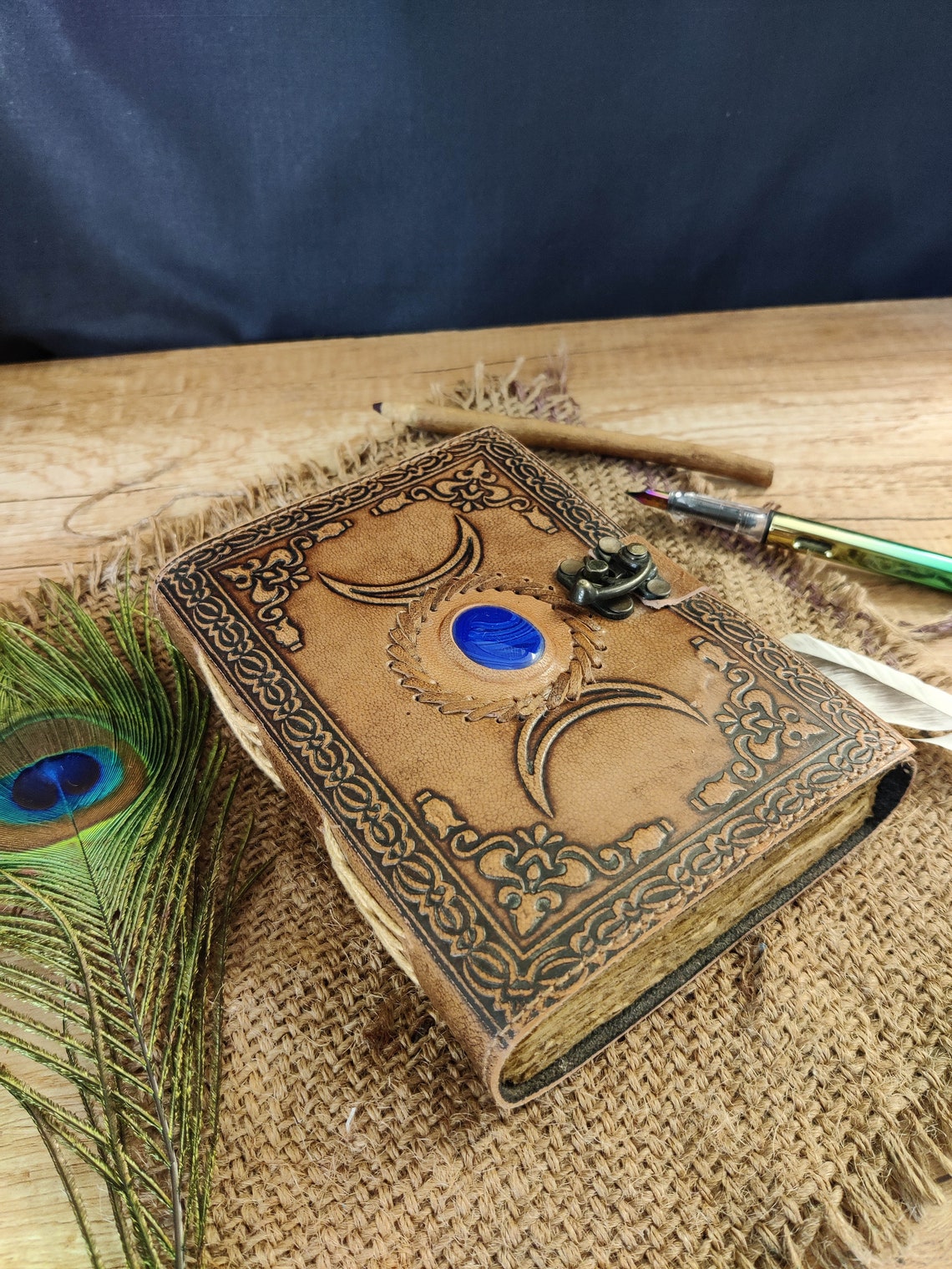 book of shadows - Triple moon third eye stone Leather journal - Blank spell book of shadows, wiccan, book of lovers gifts, gift for him her