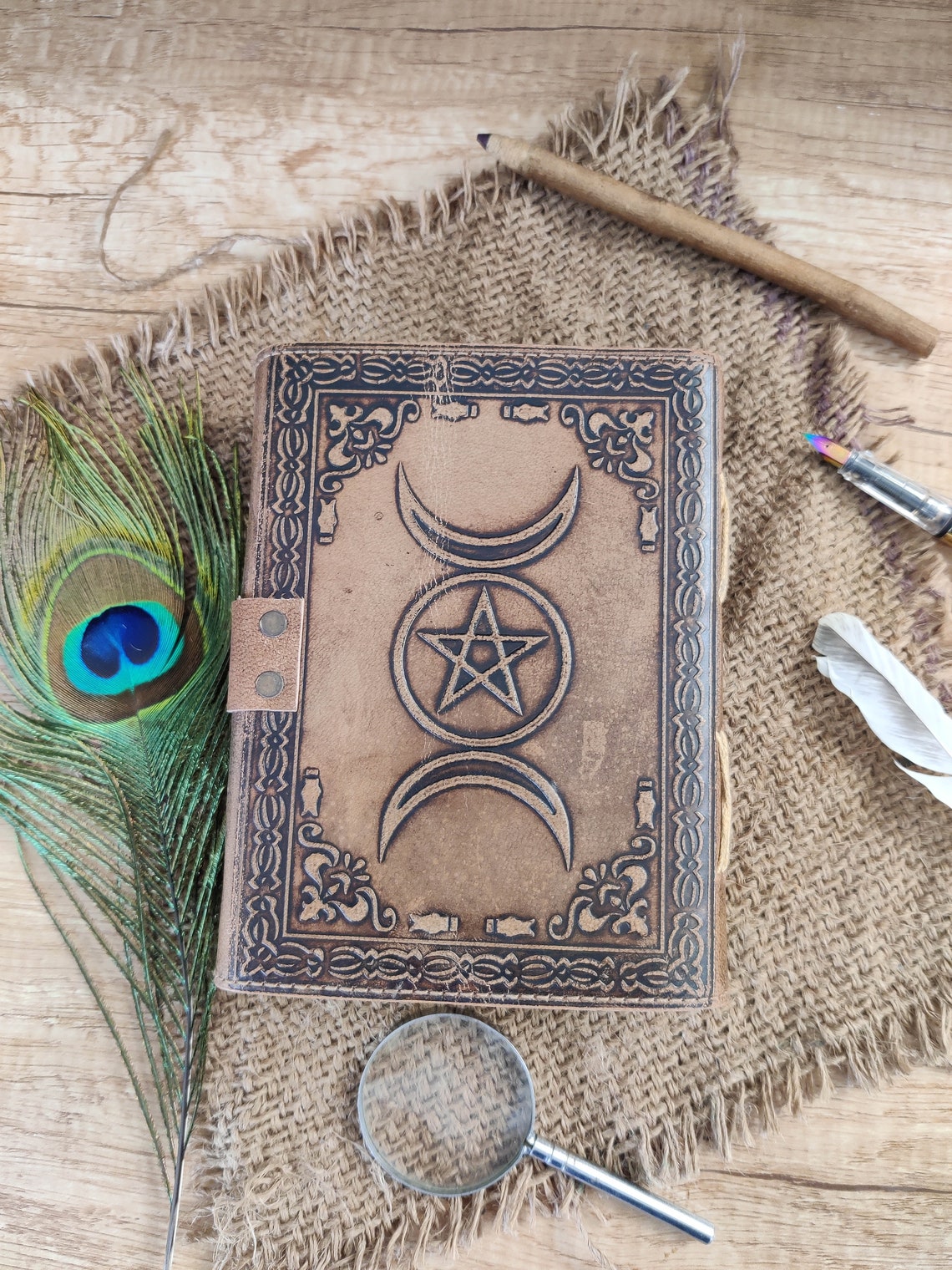 book of shadows - Triple moon third eye stone Leather journal - Blank spell book of shadows, wiccan, book of lovers gifts, gift for him her