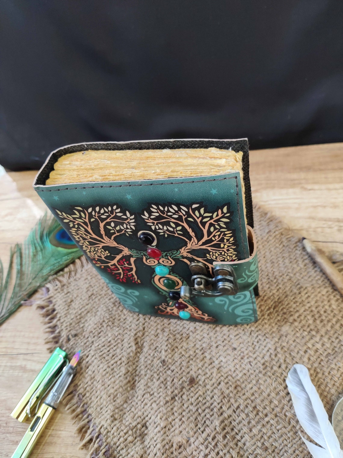 Mother of earth with seven stone handmade leather notebook journal Color full book cover with old edges paper journal book of shadows