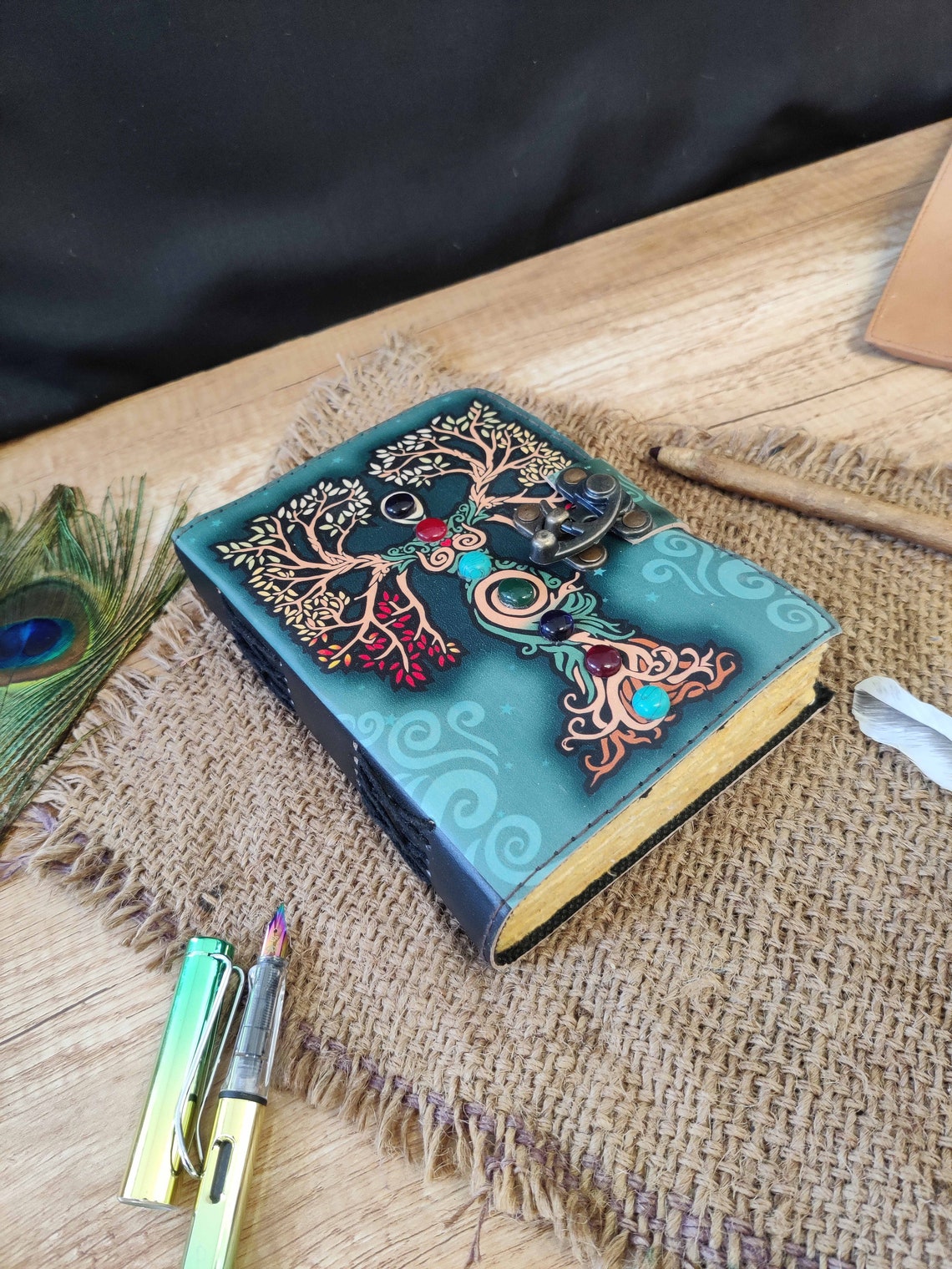 Mother of earth with seven stone handmade leather notebook journal Color full book cover with old edges paper journal book of shadows