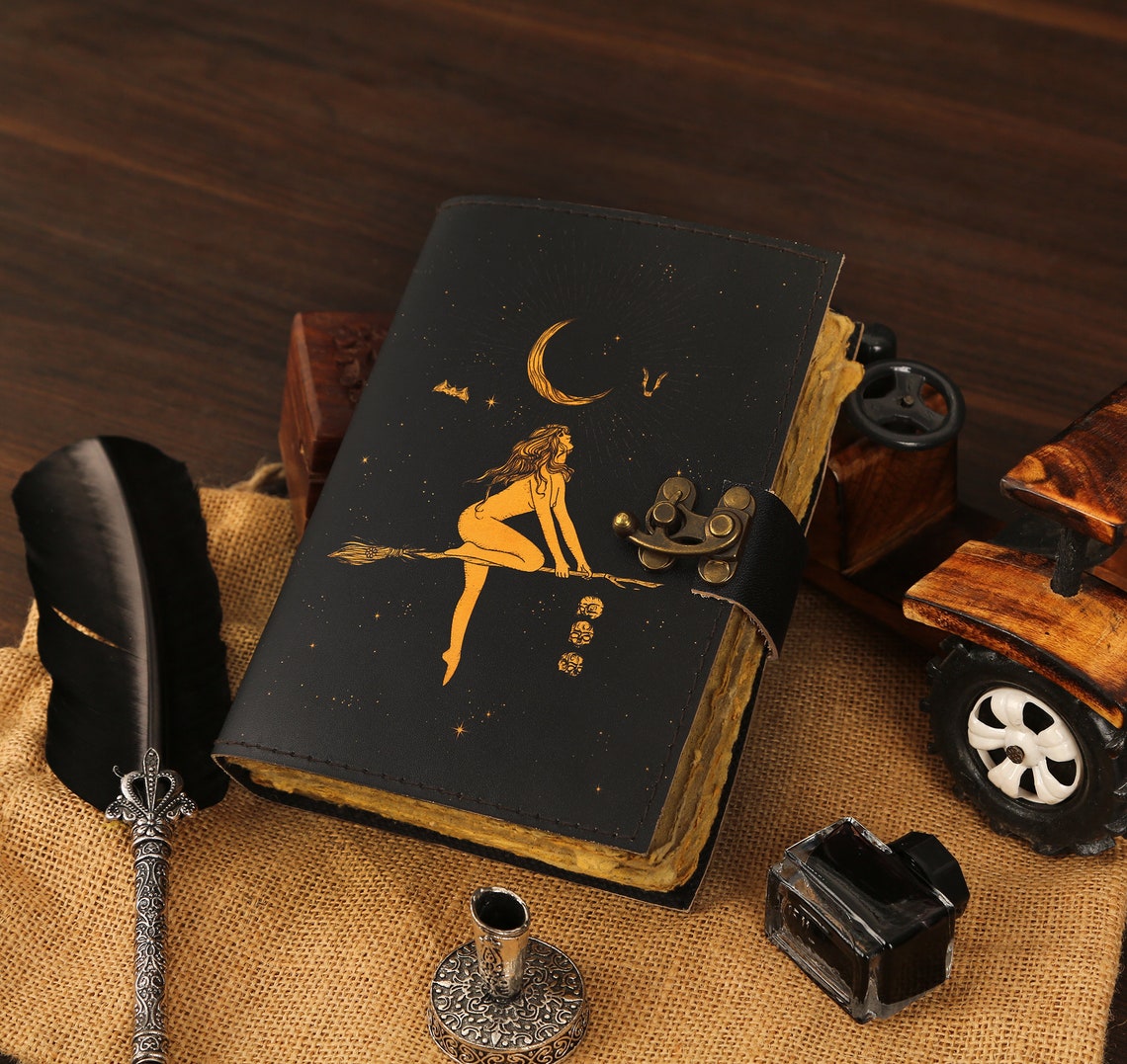 Moon vintage leather journal • Grimoire, deckle edge paper, spell book of shadows grimoire journal, journal for man women, Talisman Prints