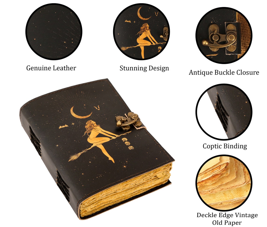 Moon vintage leather journal • Grimoire, deckle edge paper, spell book of shadows grimoire journal, journal for man women, Talisman Prints