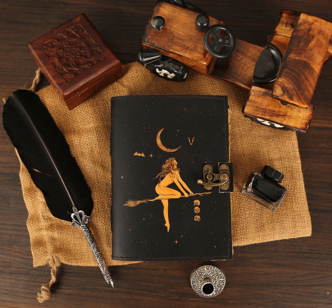 Moon vintage leather journal • Grimoire, deckle edge paper, spell book of shadows grimoire journal, journal for man women, Talisman Prints