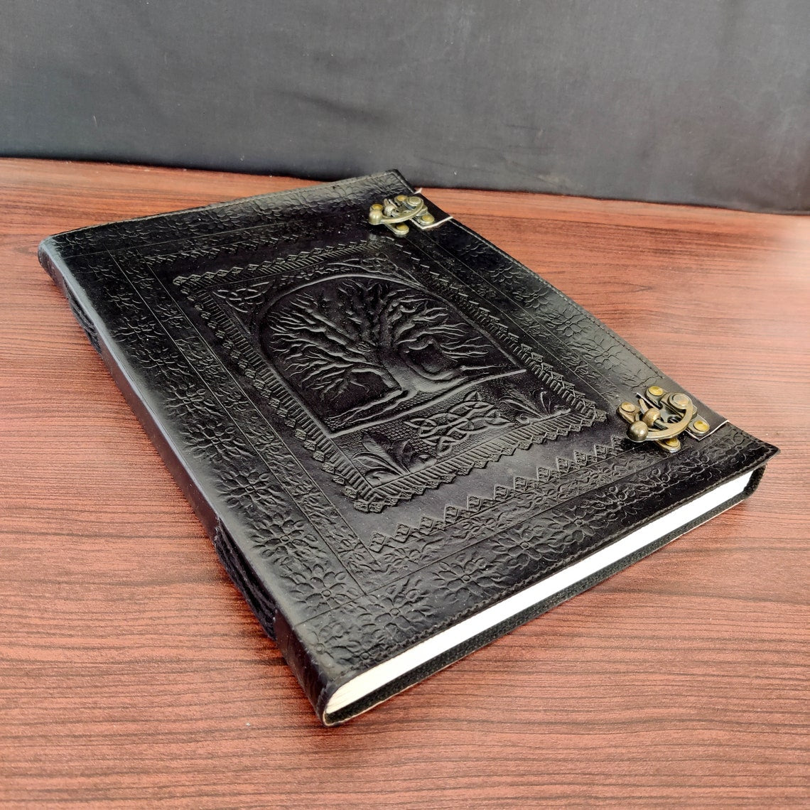 Large Journal Tree of Life Vintage Black Leather Journal Grimoire Junk Journal Book of Shadows Handmade Paper Gifts for Him Her 13x10 inches