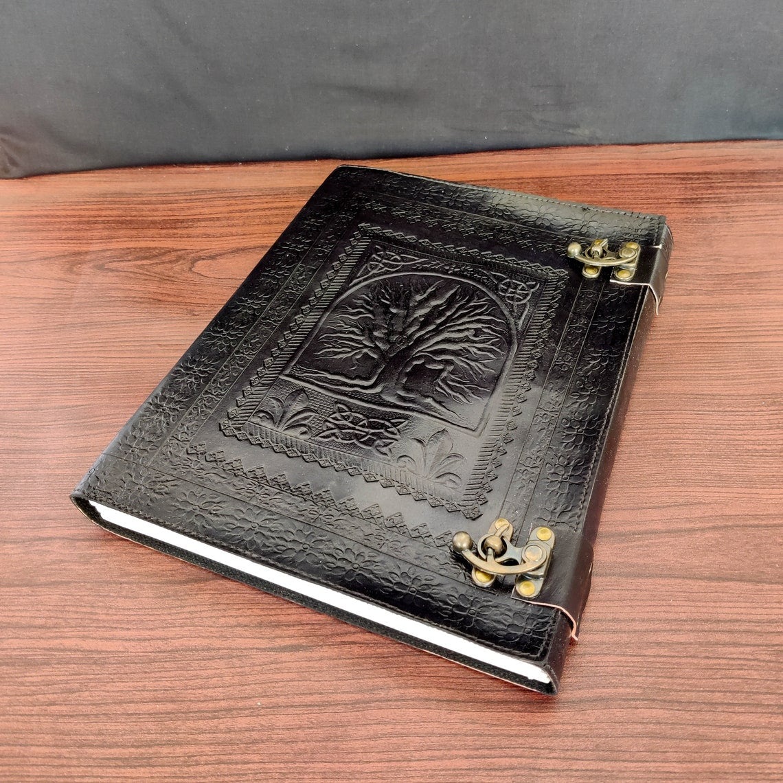 Large Journal Tree of Life Vintage Black Leather Journal Grimoire Junk Journal Book of Shadows Handmade Paper Gifts for Him Her 13x10 inches