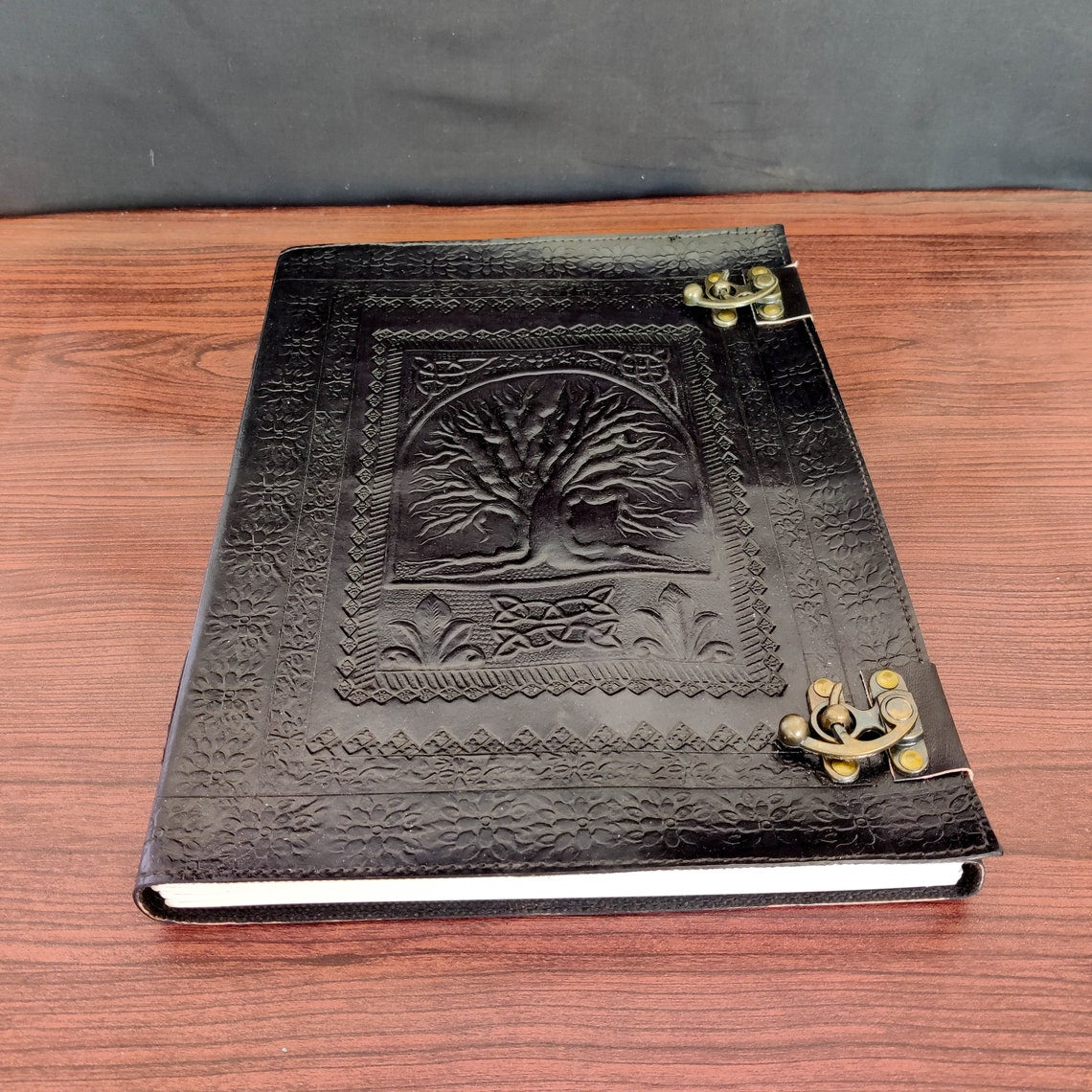 Large Journal Tree of Life Vintage Black Leather Journal Grimoire Junk Journal Book of Shadows Handmade Paper Gifts for Him Her 13x10 inches