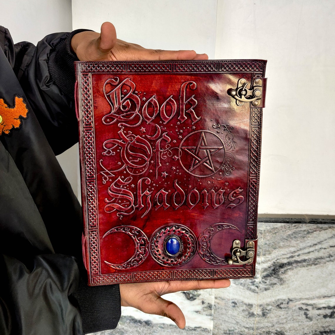 Book of Shadows Large Vintage Leather Journal Grimoire Junk Journal Leather NoteBook SketchBook with Handmade Paper Gifts for Him Her 13x10