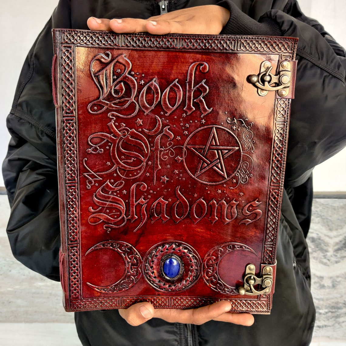 Book of Shadows Large Vintage Leather Journal Grimoire Junk Journal Leather NoteBook SketchBook with Handmade Paper Gifts for Him Her 13x10