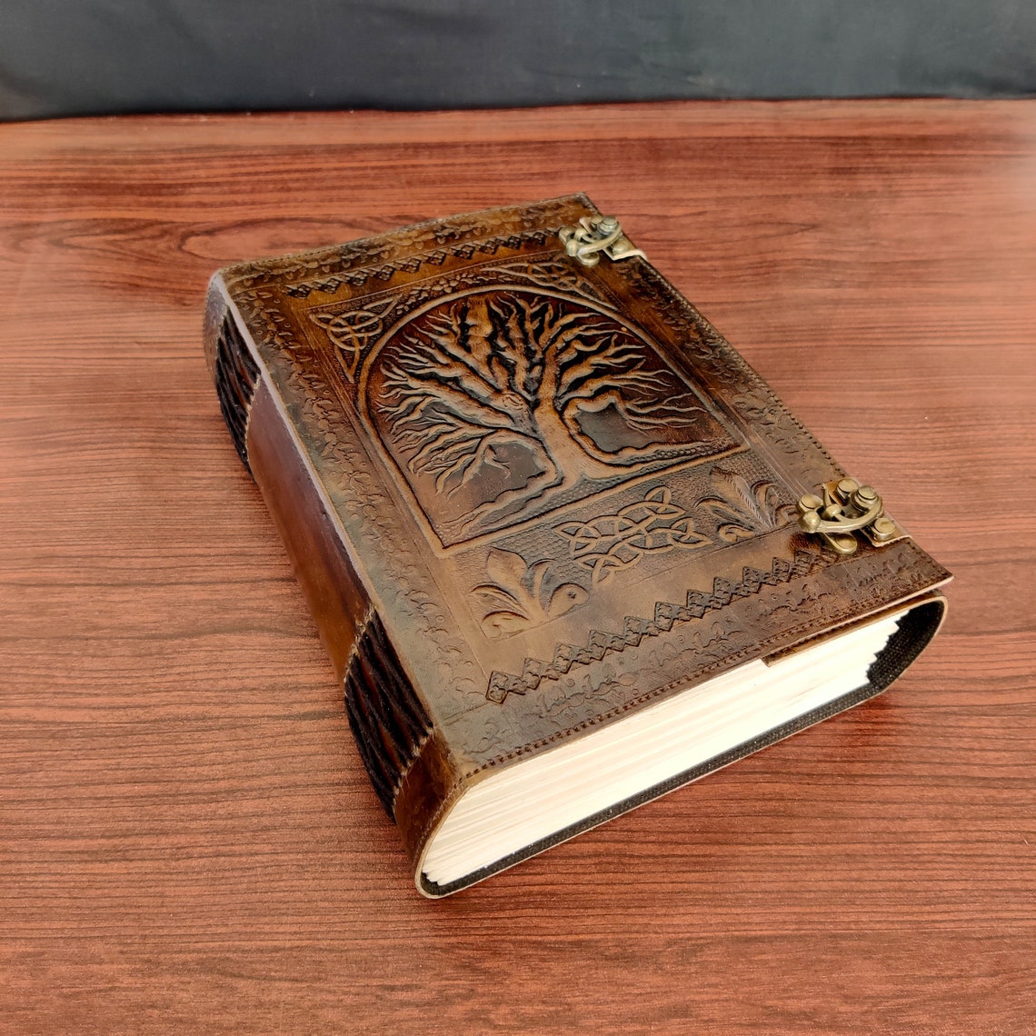 Tree of Life Vintage Leather Journal Grimoire Journal Handmade Pages Blank Spell Book of Shadows Fat Journal Gift for Him Her