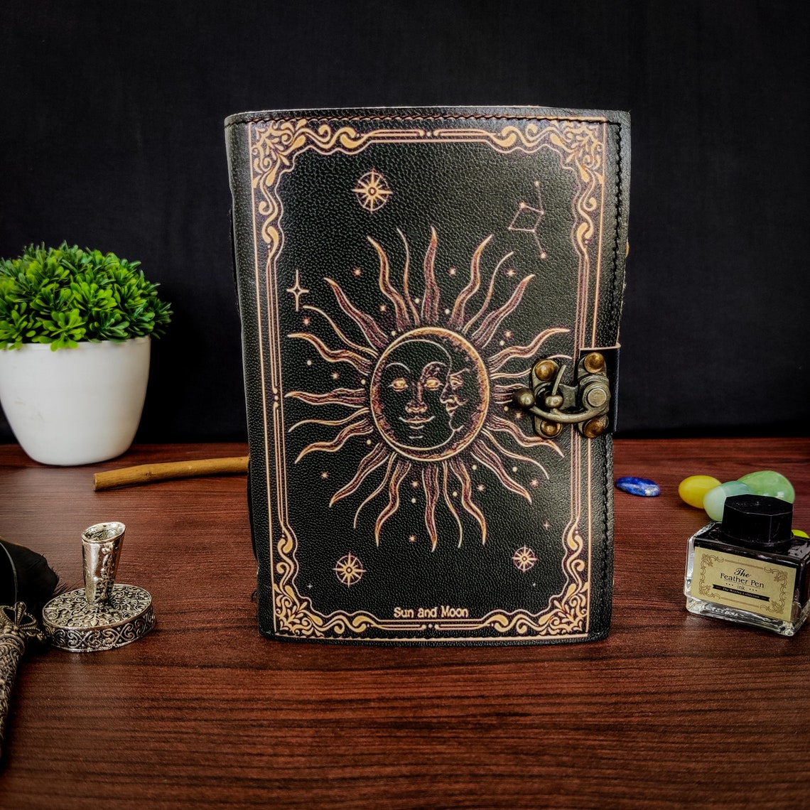 Sun and Moon Vintage Leather Journal Grimoire Journal Blank Spell Book of Shadows Handmade Journal with 200 pages Metal Clasp Lock Gifts