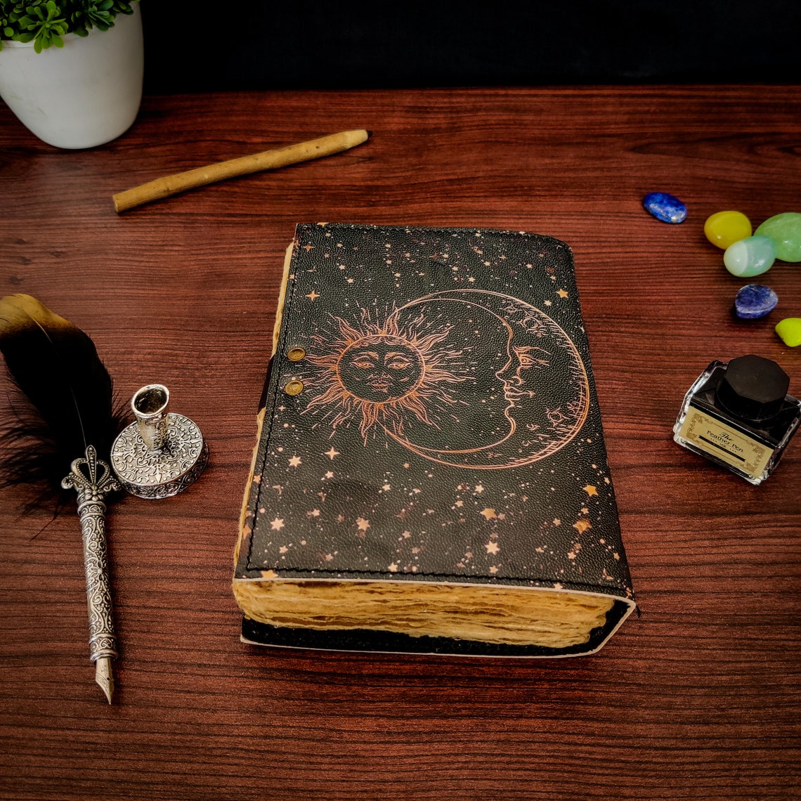 Sun and Moon Vintage Leather Journal Grimoire Journal Blank Spell Book of Shadows Handmade Journal with 200 pages Metal Clasp Lock Gifts