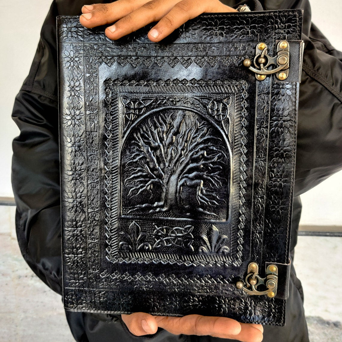 Large Journal Tree of Life Vintage Black Leather Journal Grimoire Junk Journal Book of Shadows Handmade Paper Gifts for Him Her 13x10 inches