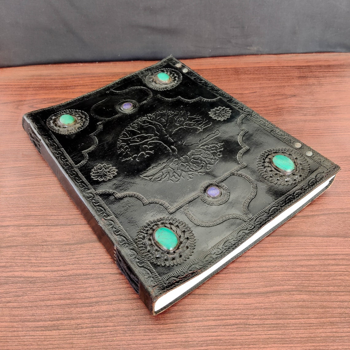 Large Journal Tree of life 6 stone Vintage Black Leather Journal Grimoire Junk Journal Leather NoteBook with Handmade Gift for Him Her 13x10