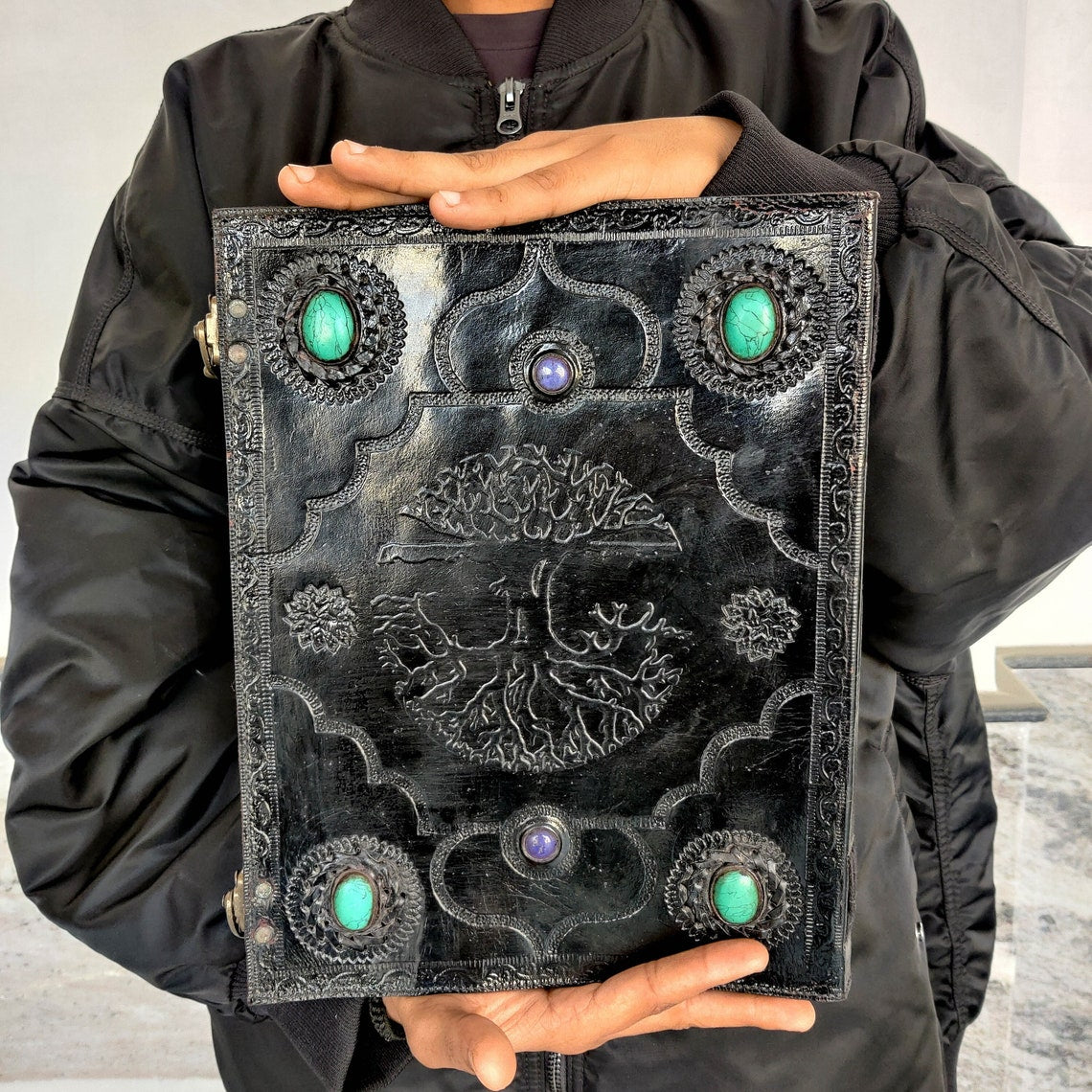 Large Journal Tree of life 6 stone Vintage Black Leather Journal Grimoire Junk Journal Leather NoteBook with Handmade Gift for Him Her 13x10