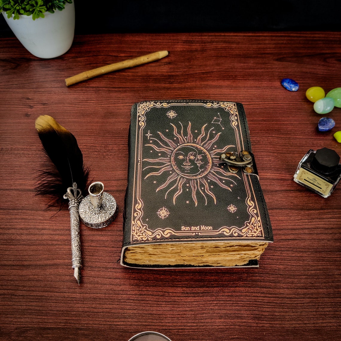 Sun and Moon Vintage Leather Journal Grimoire Journal Blank Spell Book of Shadows Handmade Journal with 200 pages Metal Clasp Lock Gifts