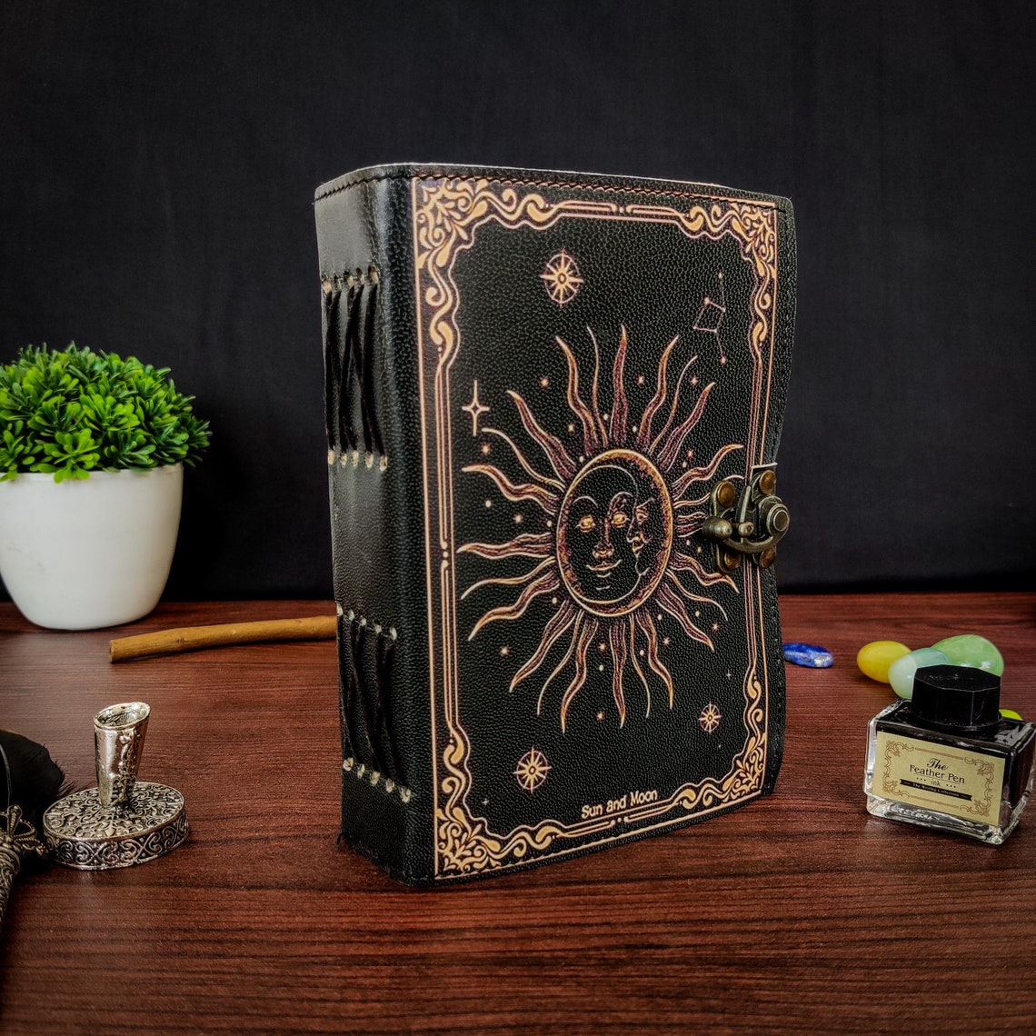 Sun and Moon Vintage Leather Journal Grimoire Journal Blank Spell Book of Shadows Handmade Journal with 200 pages Metal Clasp Lock Gifts