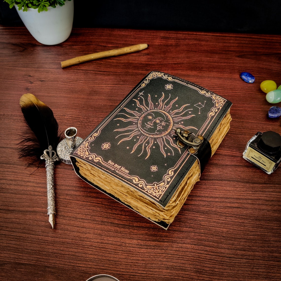 Sun and Moon Vintage Leather Journal Grimoire Journal Blank Spell Book of Shadows Handmade Journal with 200 pages Metal Clasp Lock Gifts