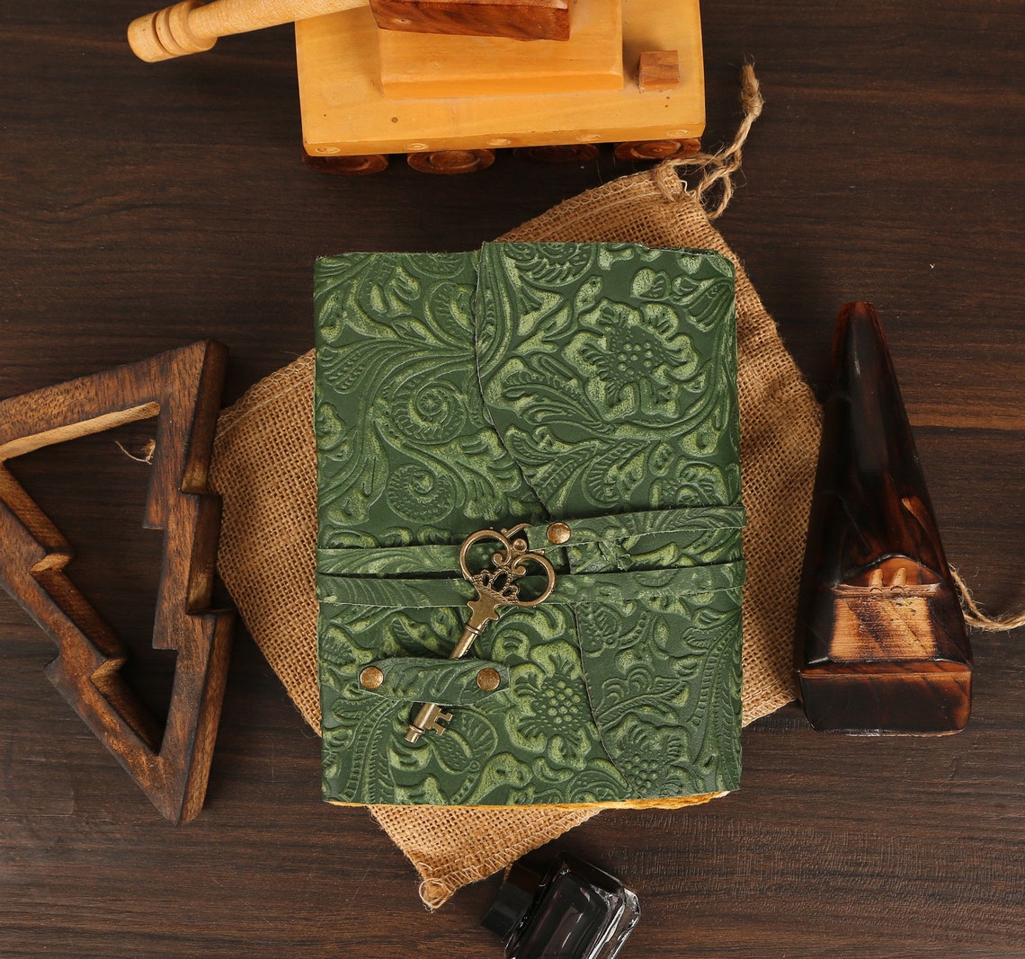 Green garden flower vintage leather Journal gifts blank spell book of shadows antique handmade deckle paper Sketchbook, Christmas Gift