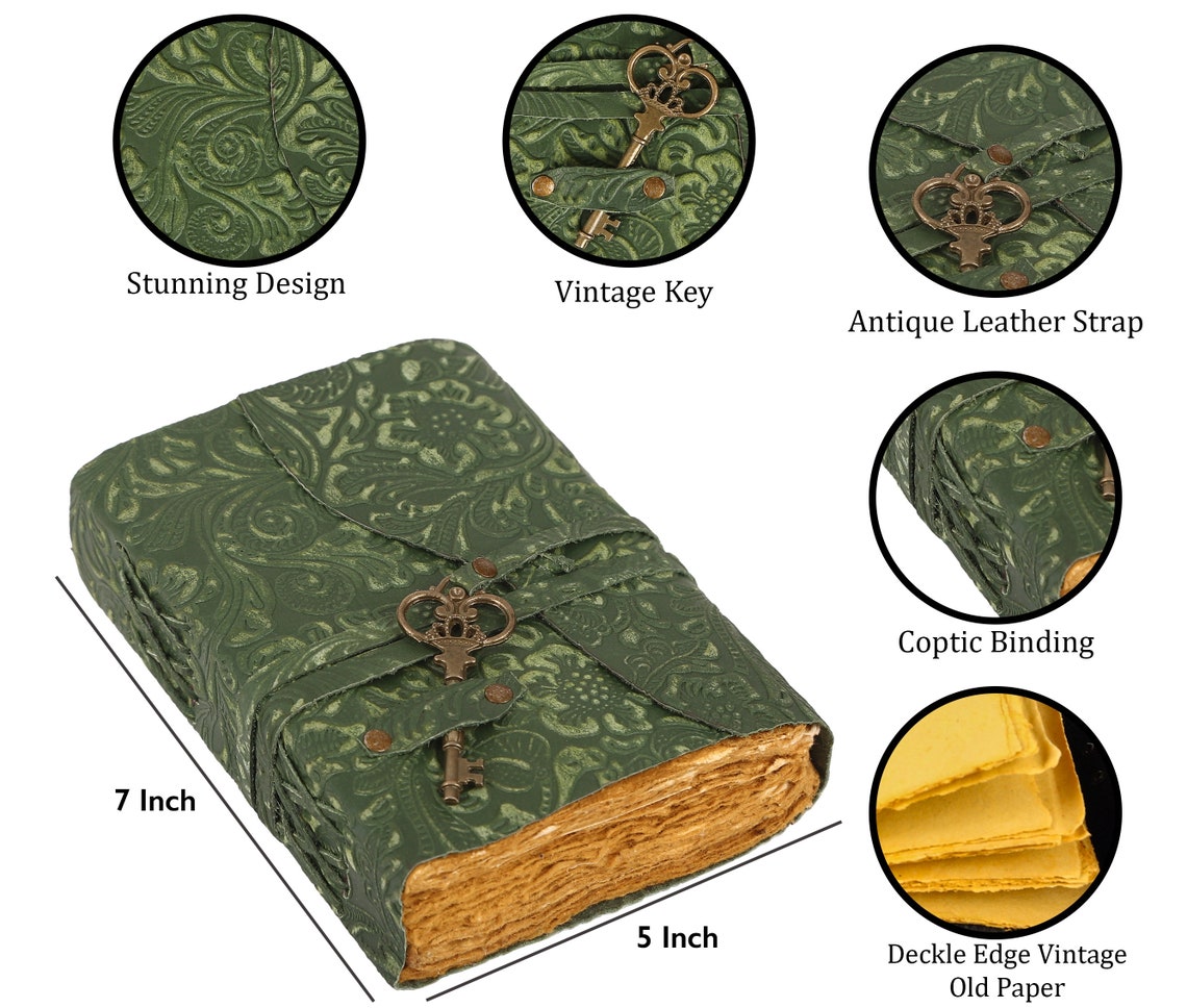 Green garden flower vintage leather Journal gifts blank spell book of shadows antique handmade deckle paper Sketchbook, Christmas Gift