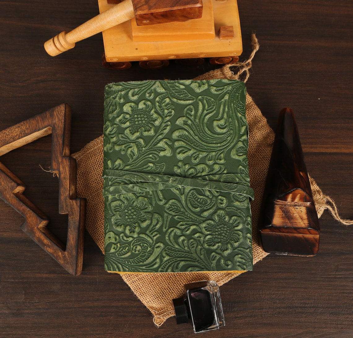 Green garden flower vintage leather Journal gifts blank spell book of shadows antique handmade deckle paper Sketchbook, Christmas Gift