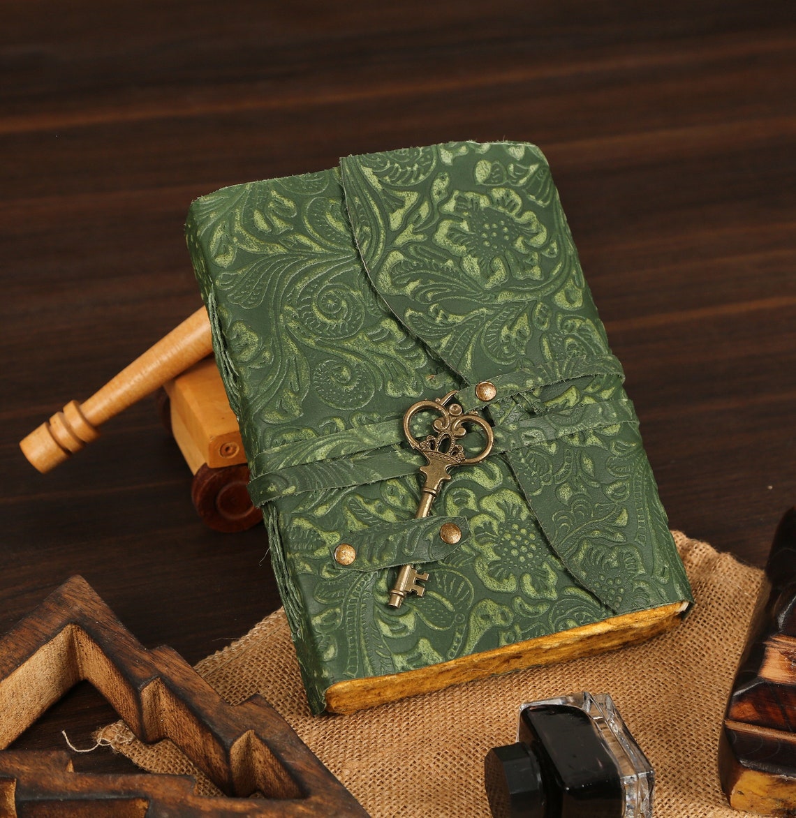 Green garden flower vintage leather Journal gifts blank spell book of shadows antique handmade deckle paper Sketchbook, Christmas Gift