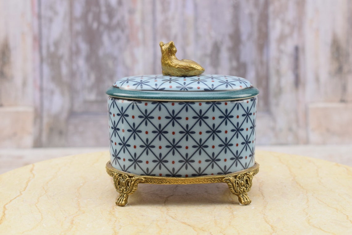 Antique Blue Porcelain Casket with Bronze Ornaments - Porcelain Box with Lid on Bronze Base - Cat-shaped Handle - Home Decor - Gift Idea