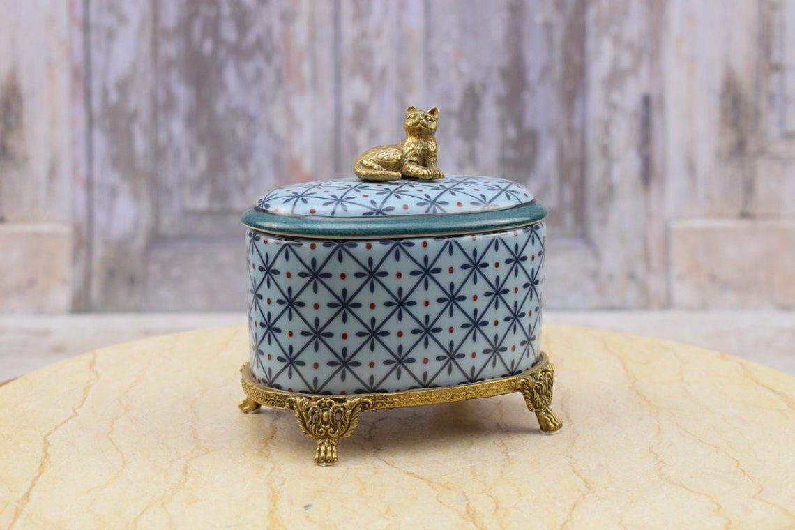 Antique Blue Porcelain Casket with Bronze Ornaments - Porcelain Box with Lid on Bronze Base - Cat-shaped Handle - Home Decor - Gift Idea