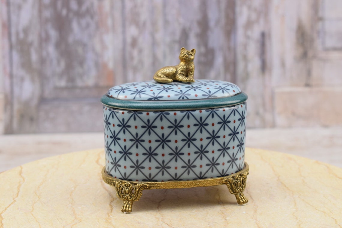 Antique Blue Porcelain Casket with Bronze Ornaments - Porcelain Box with Lid on Bronze Base - Cat-shaped Handle - Home Decor - Gift Idea