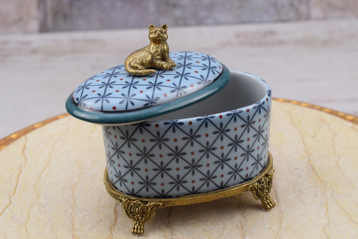 Antique Blue Porcelain Casket with Bronze Ornaments - Porcelain Box with Lid on Bronze Base - Cat-shaped Handle - Home Decor - Gift Idea